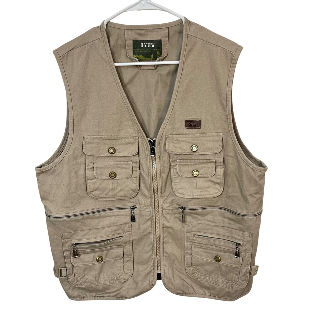 Vintage BYHW Tan Canvas Multi‎ Pocket Fishing Vest Men's  Size Large